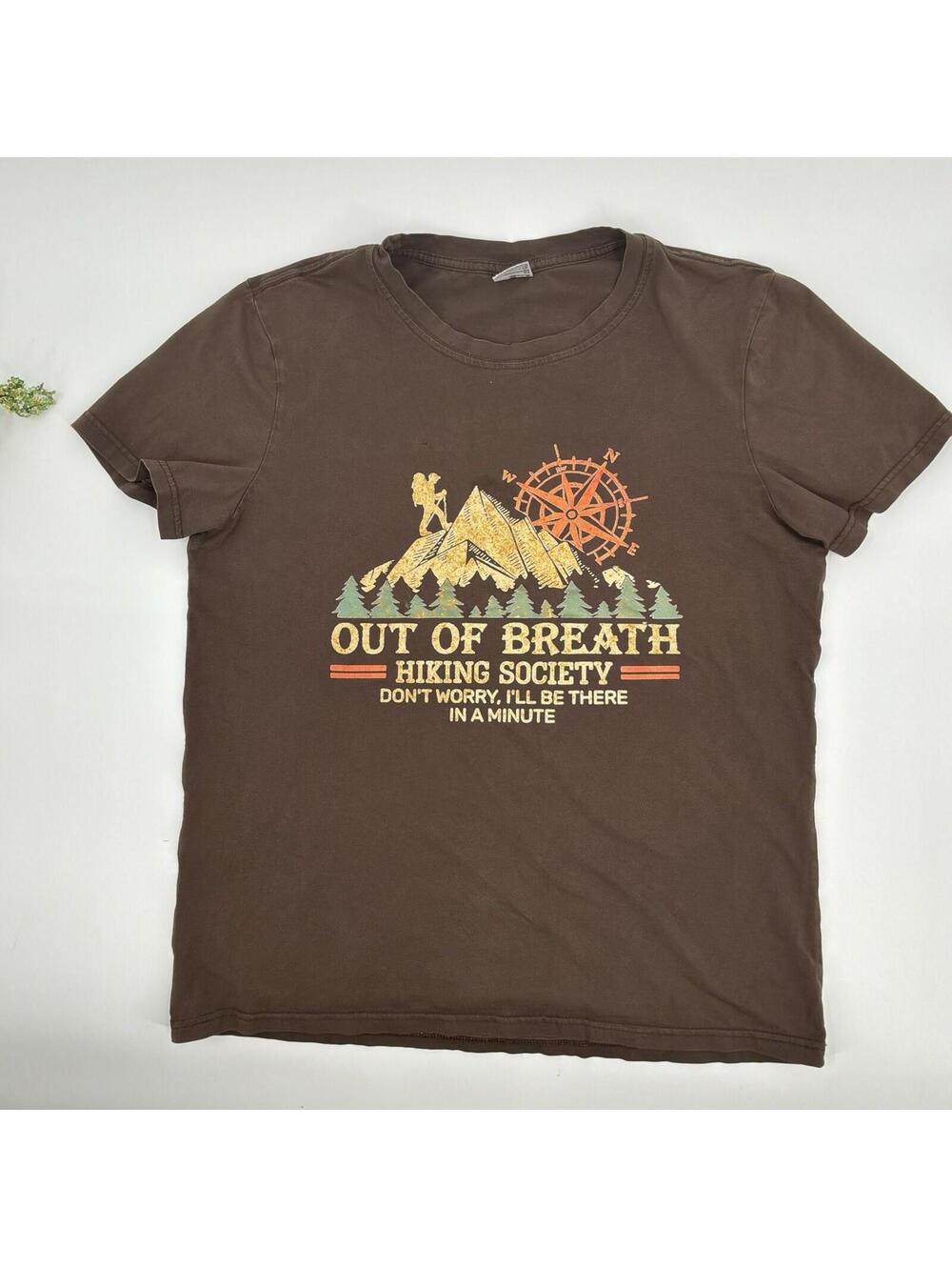 Out Of Breath Hiking Society Funny Print Tee Shirt Cotton Blend Size M